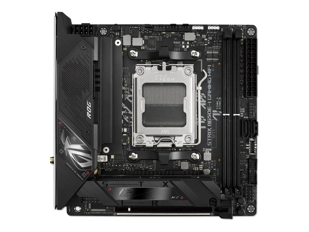 ASUS ROG Strix B650E-I Gaming WiFi - Bundkort - mini ITX - Socket AM5 - AMD B650 Chipset - USB-C 3.2 Gen 2x2, USB-C 3.2 Gen2, USB 3.2 Gen 2, USB 3.2 Gen 1 - 2.5 Gigabit LAN, Wi-Fi 6E - onboard grafik (CPU påkrævet) - HD Audio (8-kanaler)