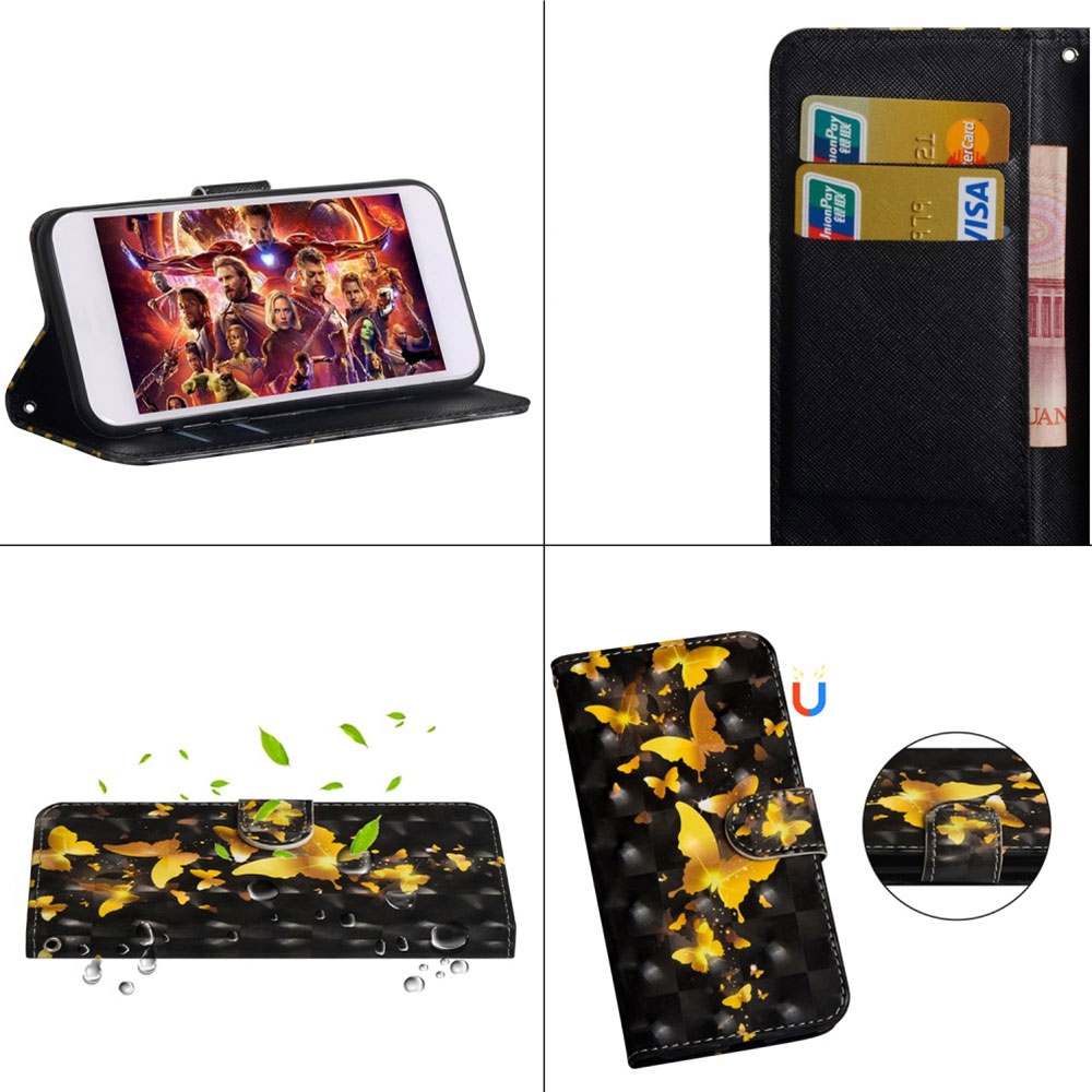 iPhone 12 / iPhone 12 Pro Leder Tasche mit Kartenfach   Handschlaufe - Schmetterling (Schwarz / Gold)
