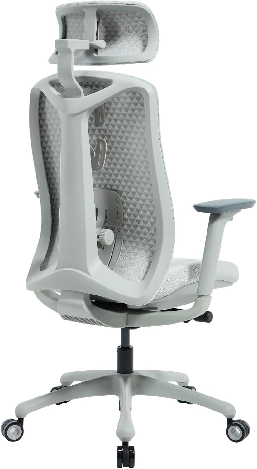 ergonomischer Bürostuhl | Schreibtischstuhl mit Verstellbarer Sitztiefe, Lendenwirbelstütze und Armlehnen, Computerstuhl mit höhenverstellbarer Rückenlehne, 3D-Kopfstütze, Grau