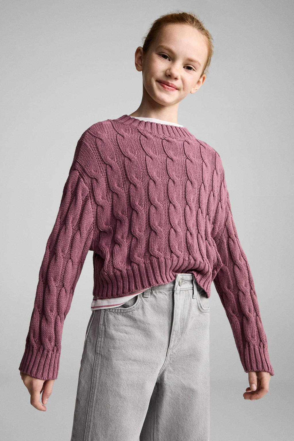 Mango Kids gebreide trui roze met kabels
