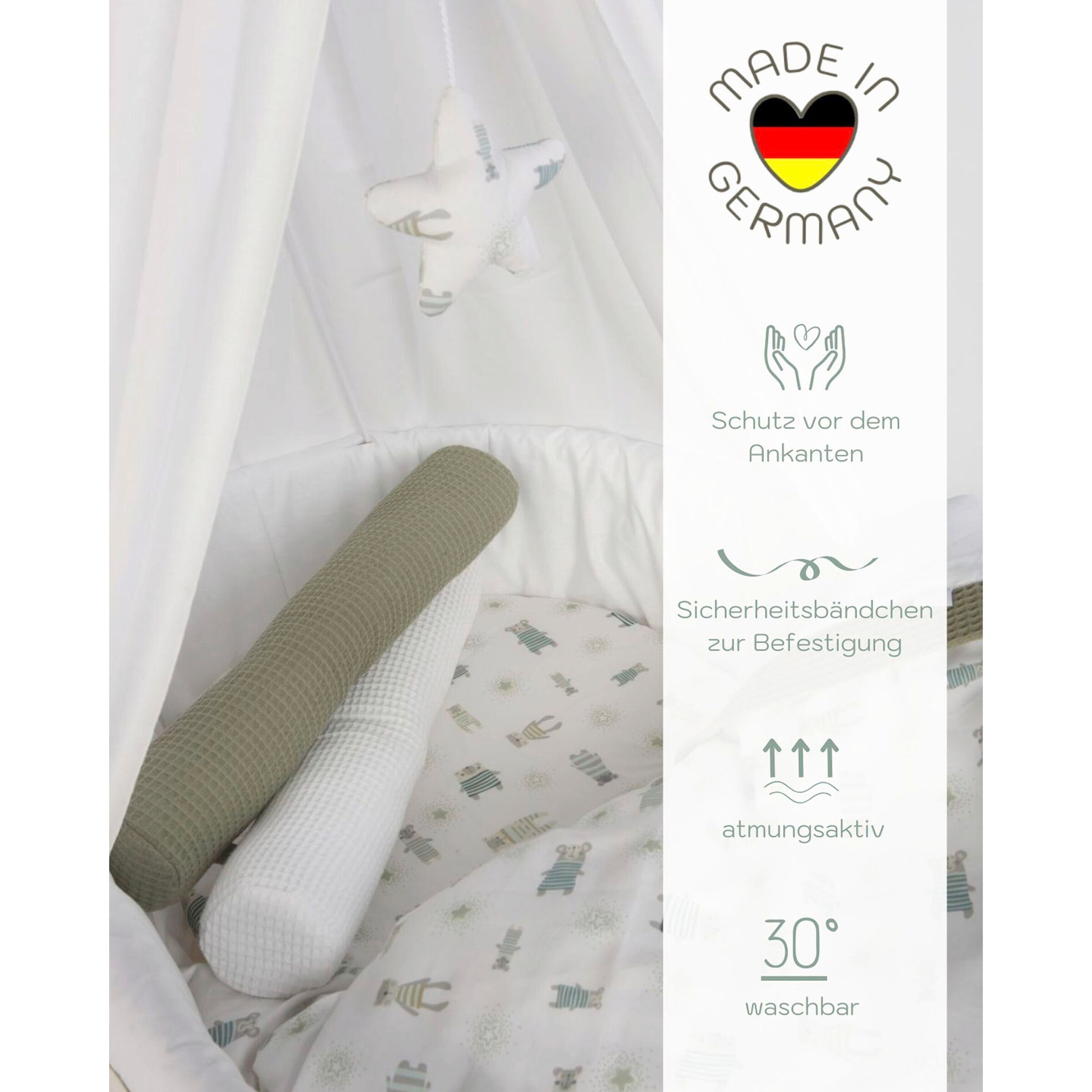 Mionido Stubenwagen Maxi mit Bettwäsche natur / Pyjamabär grün