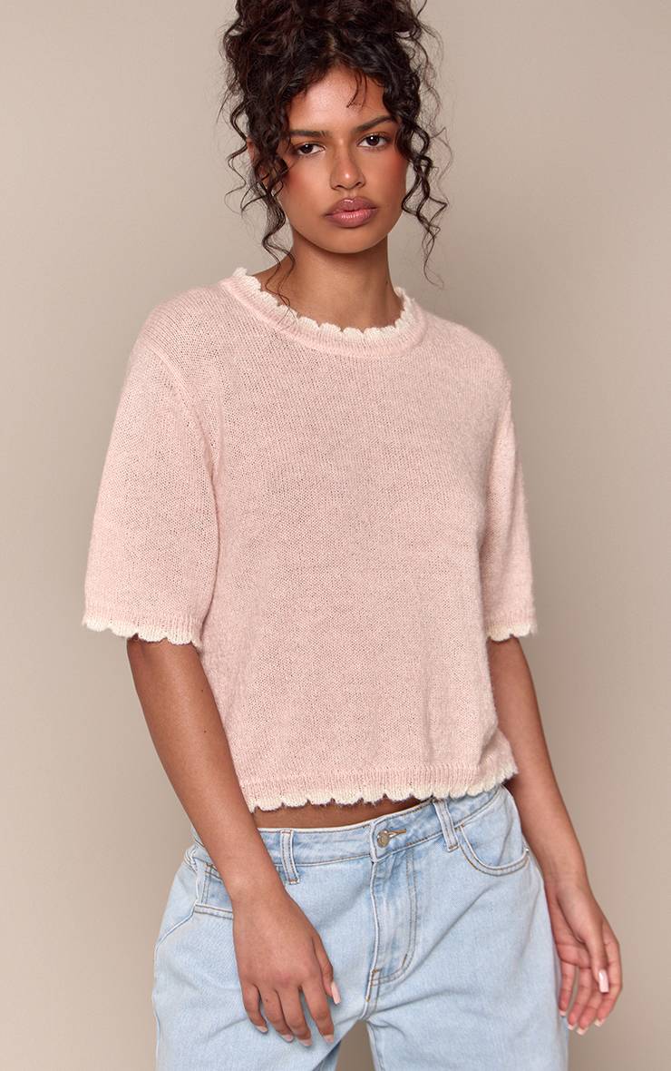 Rose T-shirt En Maille Mélangée Laine À Bords Festonnés Contrastants
