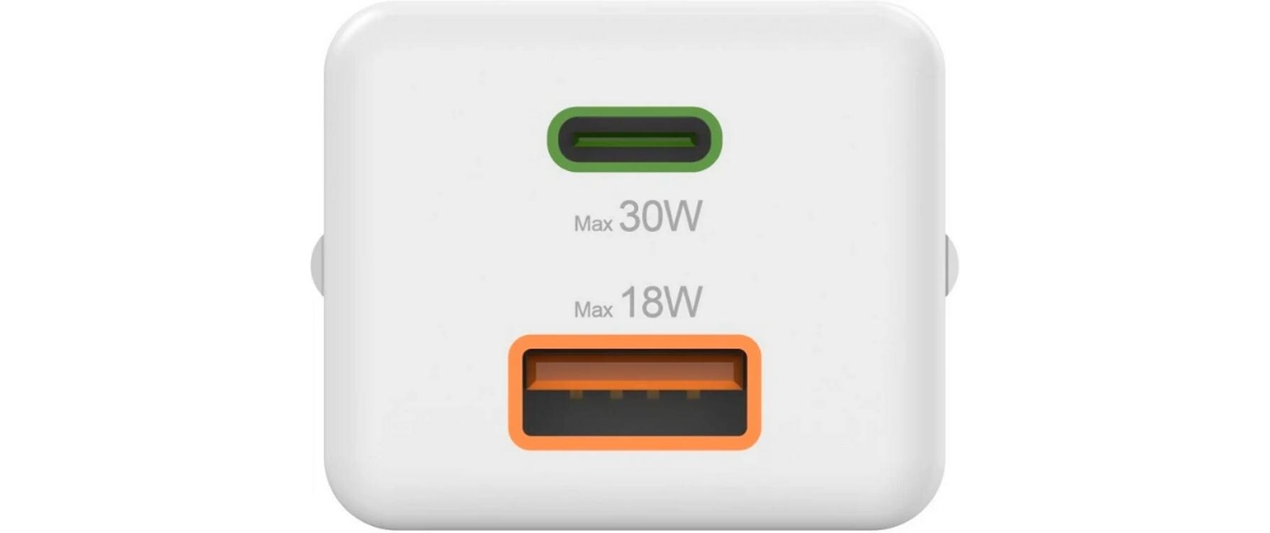 USB-Wandladegerät Gan charger USB-A USB-C 30 W WeissSchnellladegerät mit 1x USB-C und 1x USB-A