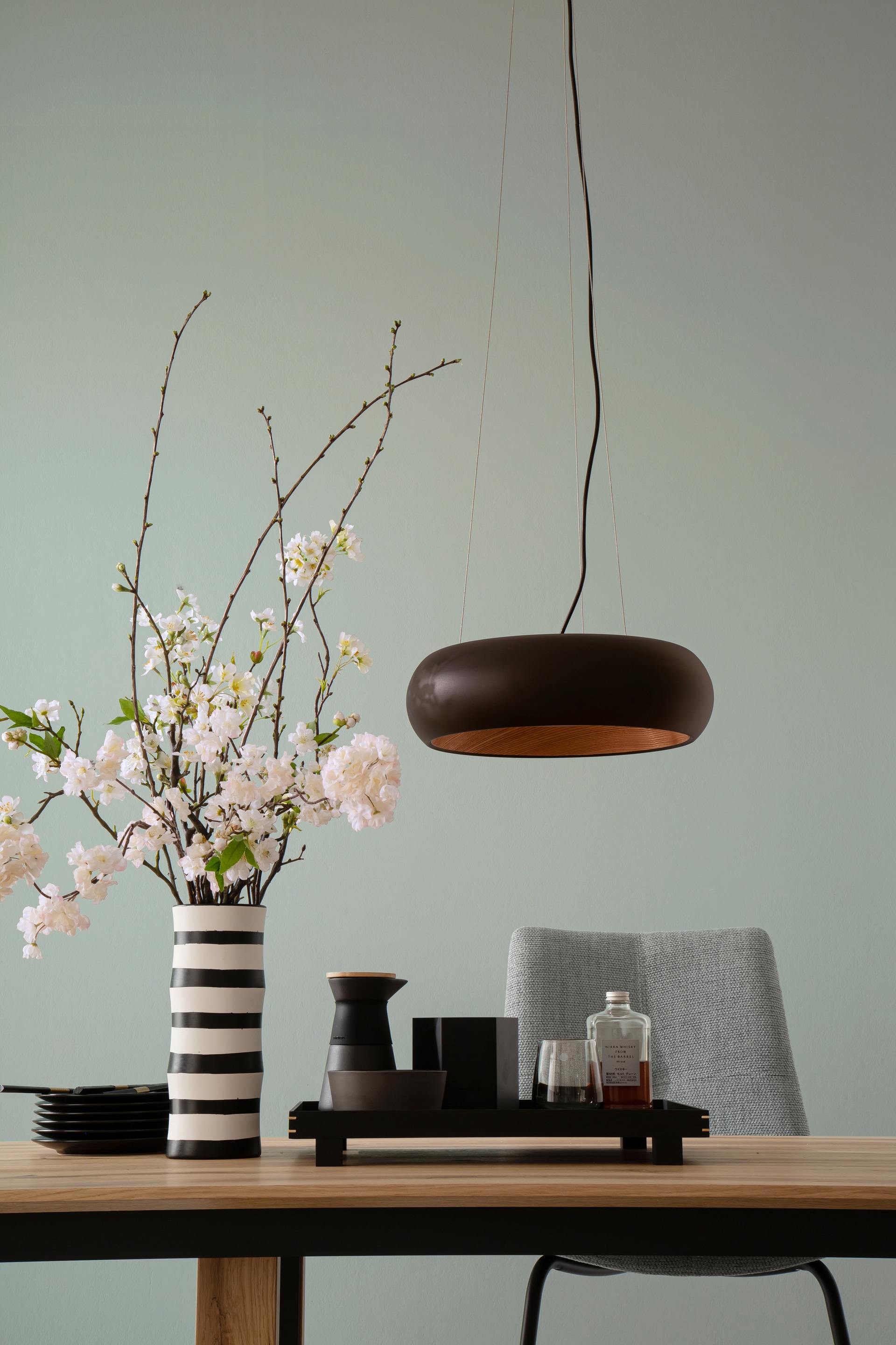 easy! by FHL LED Pendelleuchte Wood schwarz Buchedekor 40cm 150cm rund