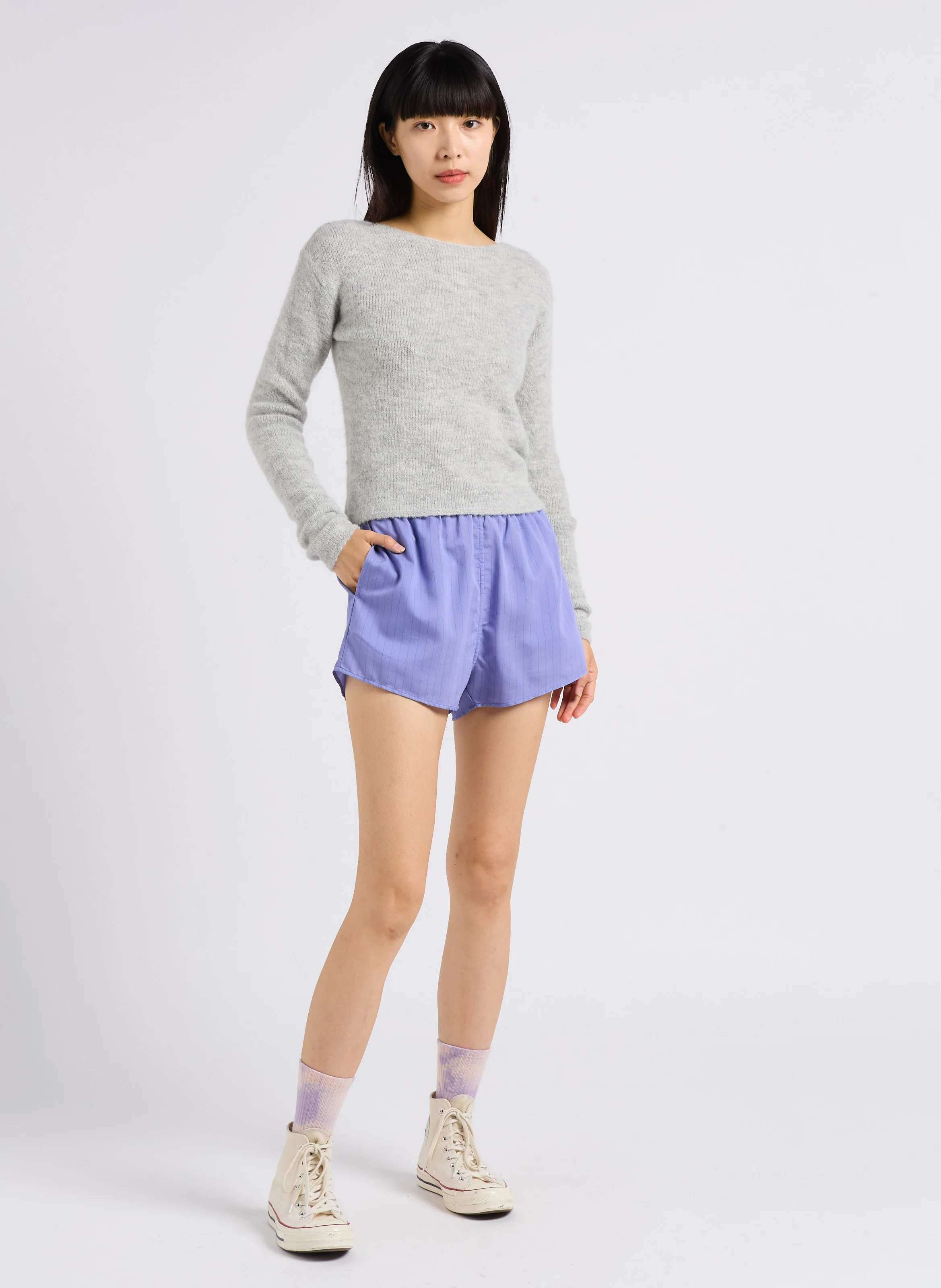 EAST - Pull droit col bateau en maille mélangée | Gris