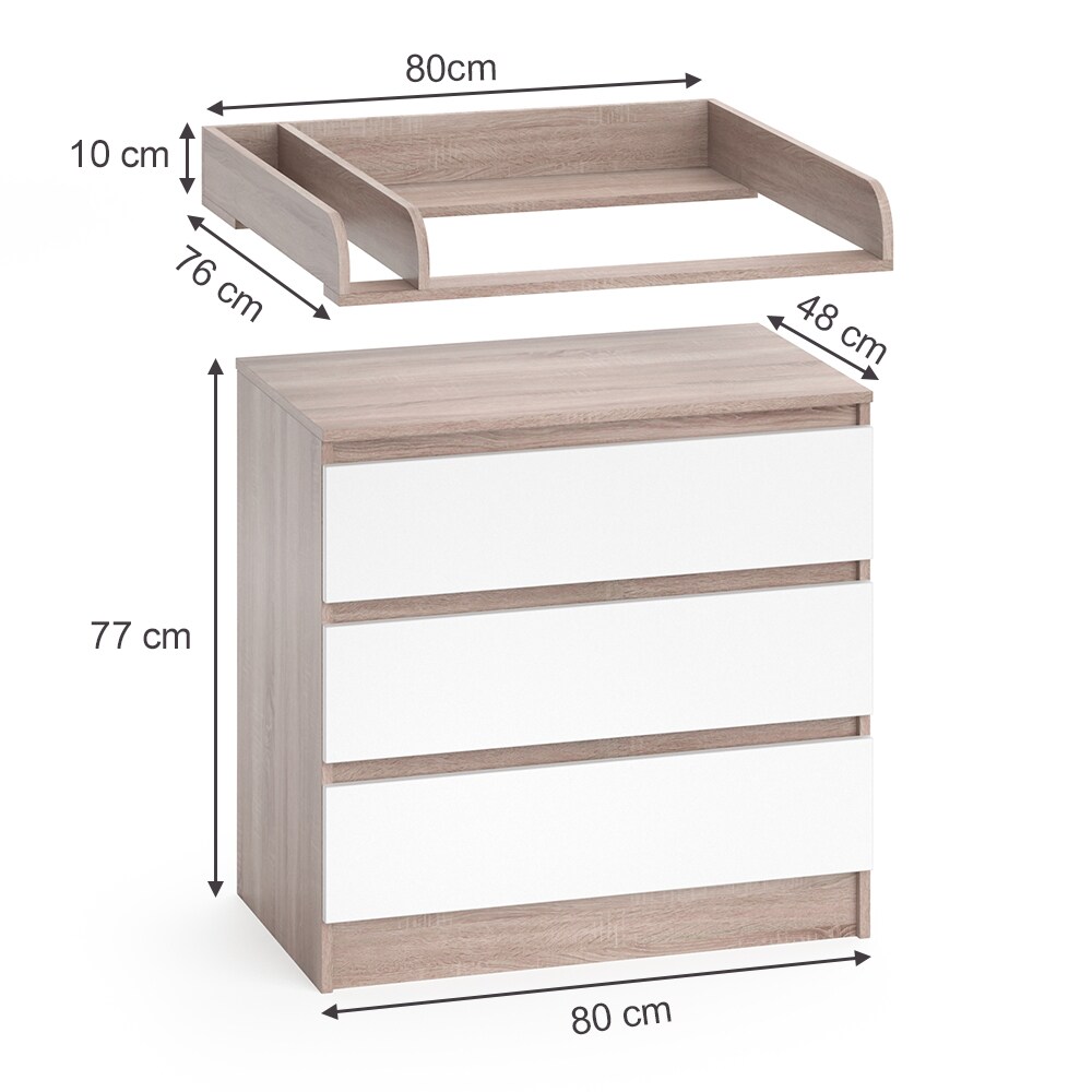 Vicco Wickelkommode Wickeltisch Kommode mit 3 Schubladen Emma Weiß Sonoma Baby