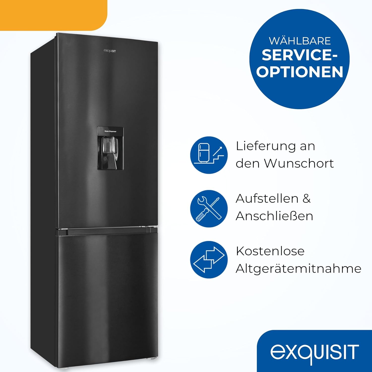 Exquisit Kühl-Gefrierkombination, 186 cm Höhe, Kühlschrank mit Wasserspender, 4-Sterne-Gefrieren, 313 Liter, Alarm-Funktion, KGC5320-95-E-WS-040C inoxlook-az