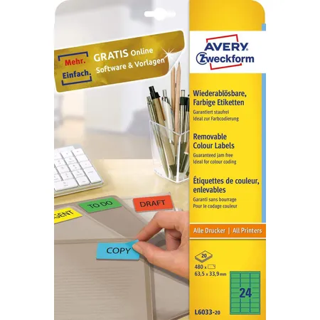 Avery Zweckform L6033-20 Farbige Etiketten,A4 63,5 x 33,9 mm, 20 Bogen/480 Etiketten, grün