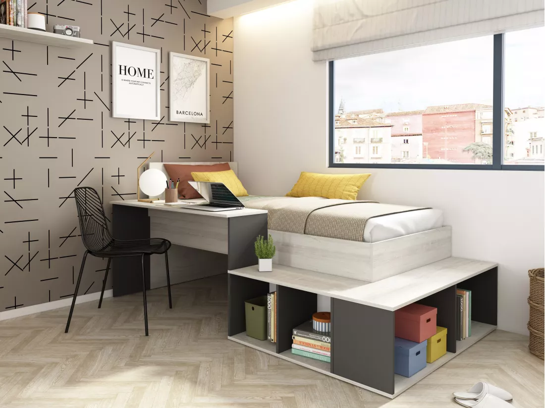 Lit combiné 90 x 200 cm avec rangements et bureau - Coloris : Naturel et anthracite + Sommier + Matelas - RIGALI