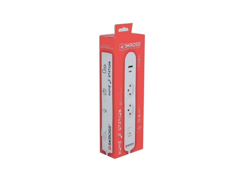 SKROSS Steckdosenleiste 2 x T13, USB-A C, mit Schalter, 1.5 Steckdosenleiste aus Kunststoff für den Innenbereich