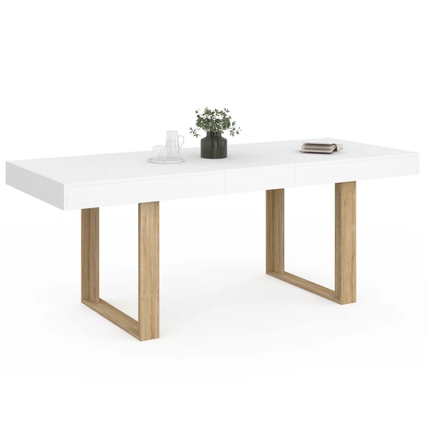 Table à manger extensible rectangle PHOENIX 4-8 personnes blanc pieds bois 160-200 cm