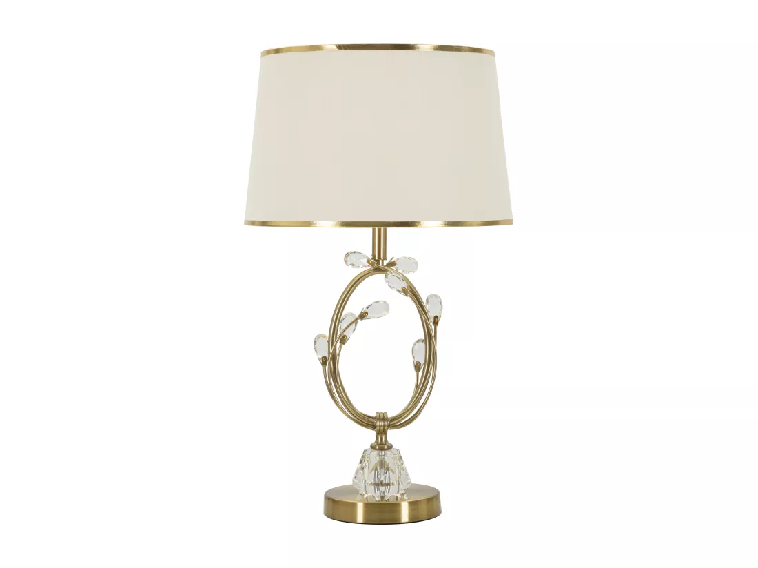 Lampe à poser Versailles en métal doré - diamètre 36x60 cm, élégant décor géométrique, abat-jour en tissu beige avec bordure dorée