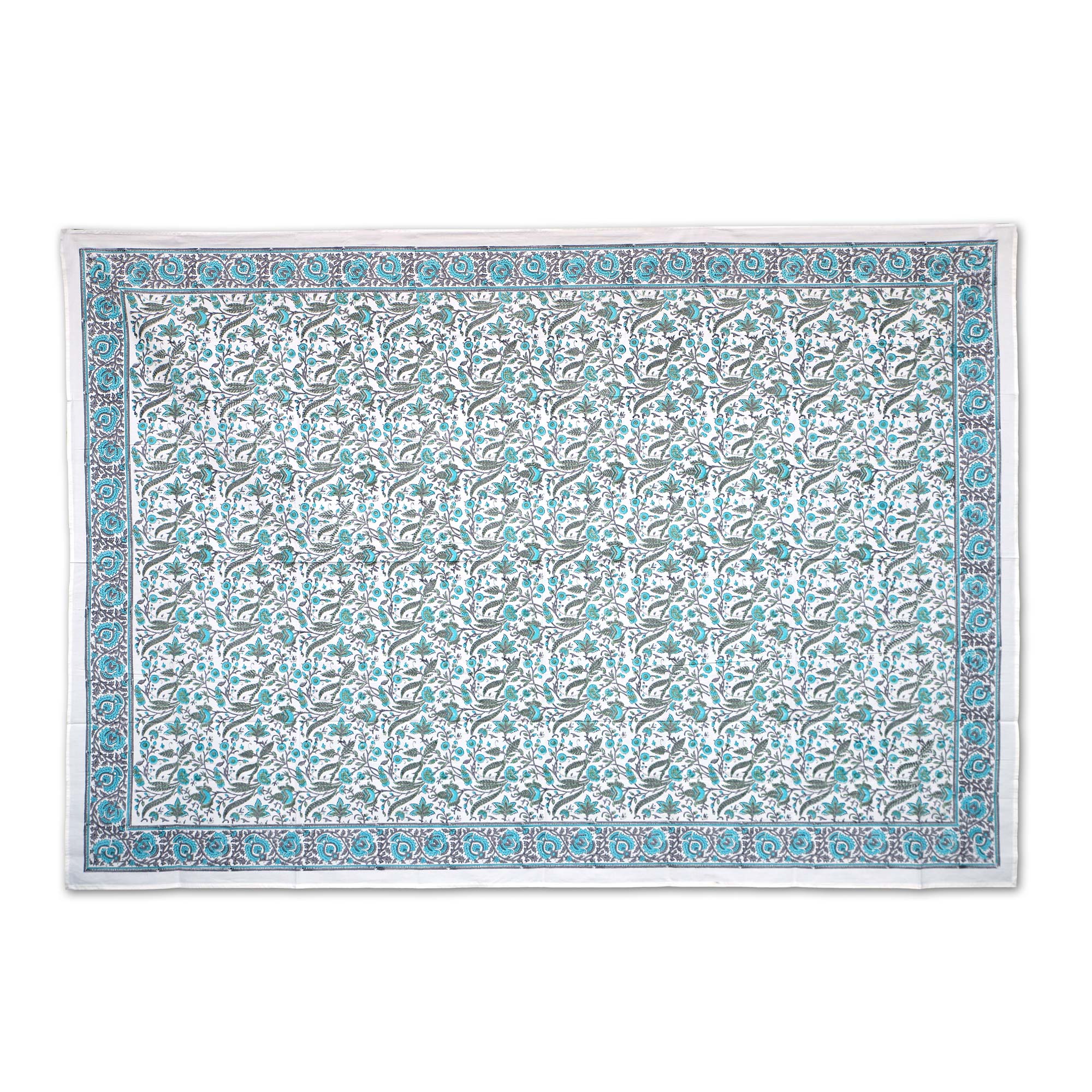Tischdecke mit Blumenmuster, weiß, türkis-grau, L 220 cm, B 150 cm von fischer's lagerhaus