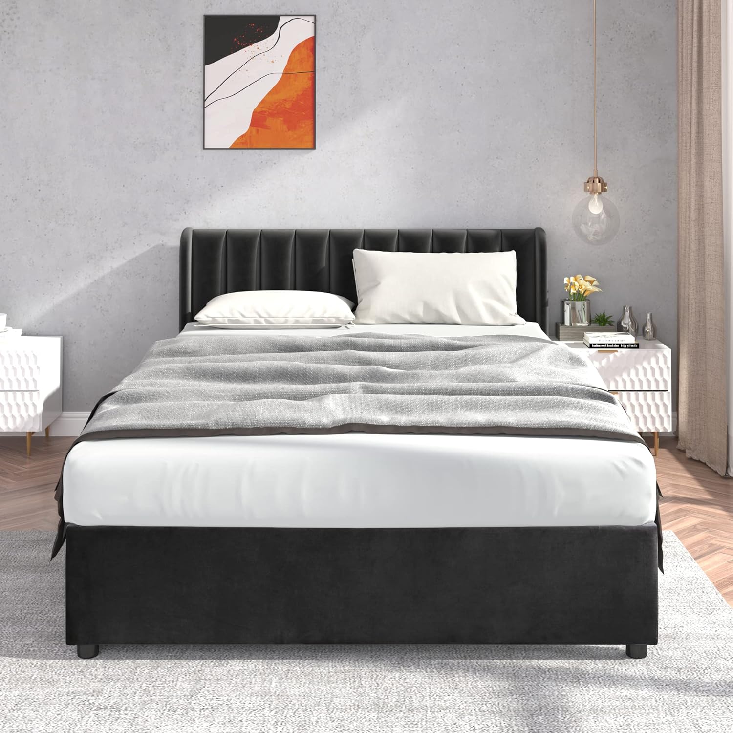Polsterbett Doppelbett 140x200 cm, Bett mit 2 Stauraum Schubladen und Lattenrost aus Holz, Stauraumbett Bettgestell mit Metallrahmen, Samt, Schwarz (Ohne Matratze)