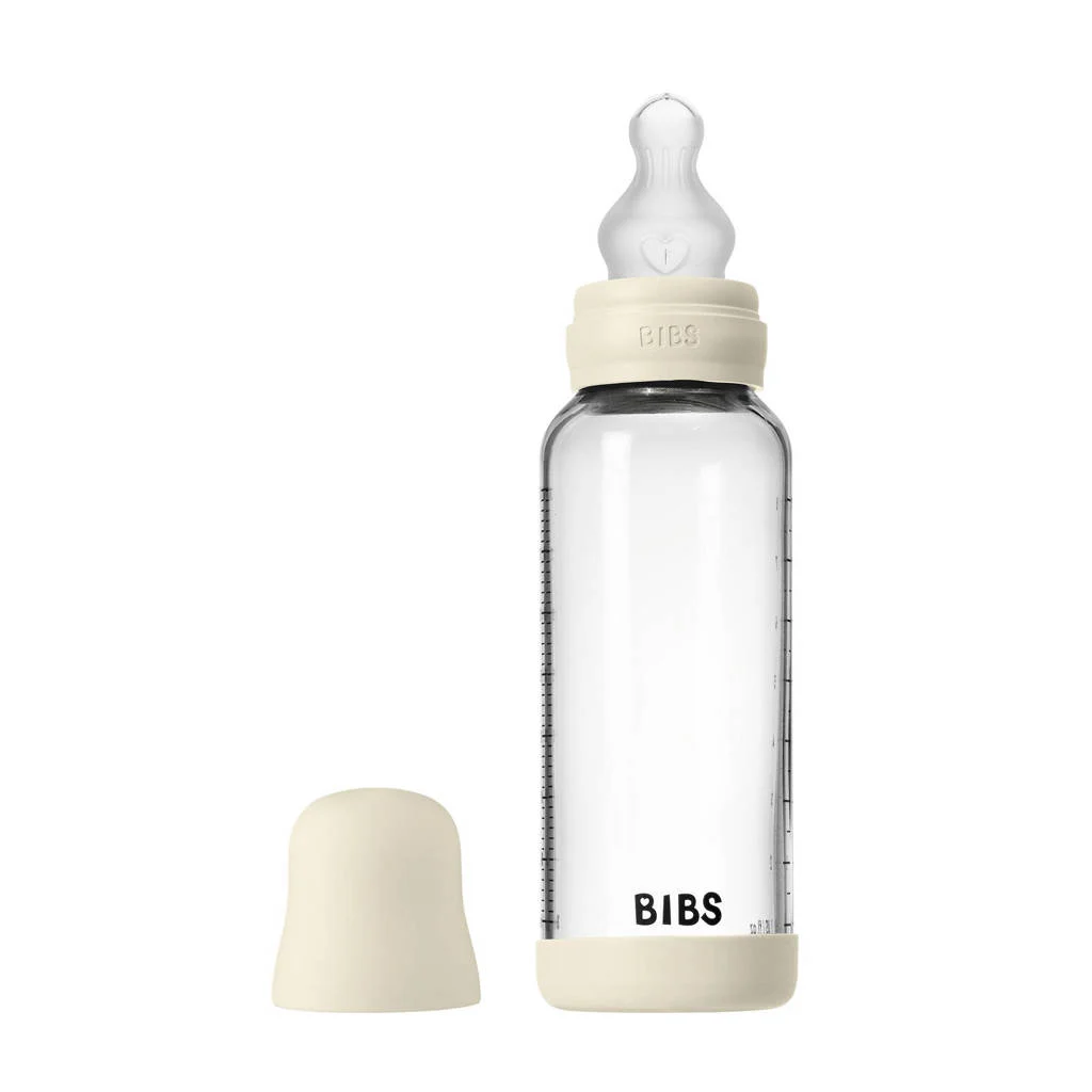 BIBS Glazen Babyfles - 240 ml - Ivory - met silicone speen en opvouwbare trechtertje