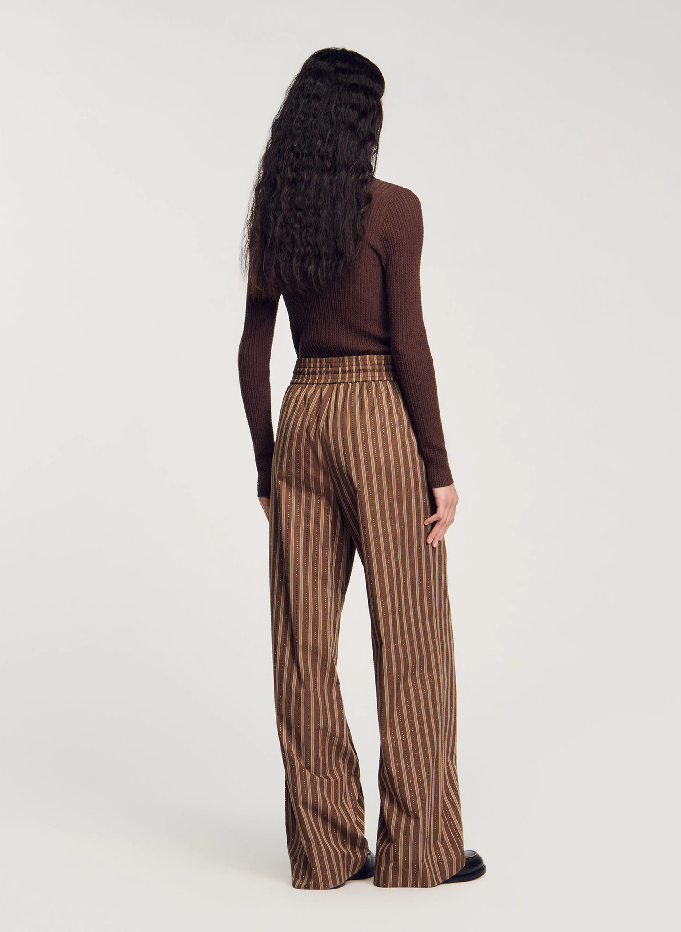 Pantalon large droit en coton rayé | Marron
