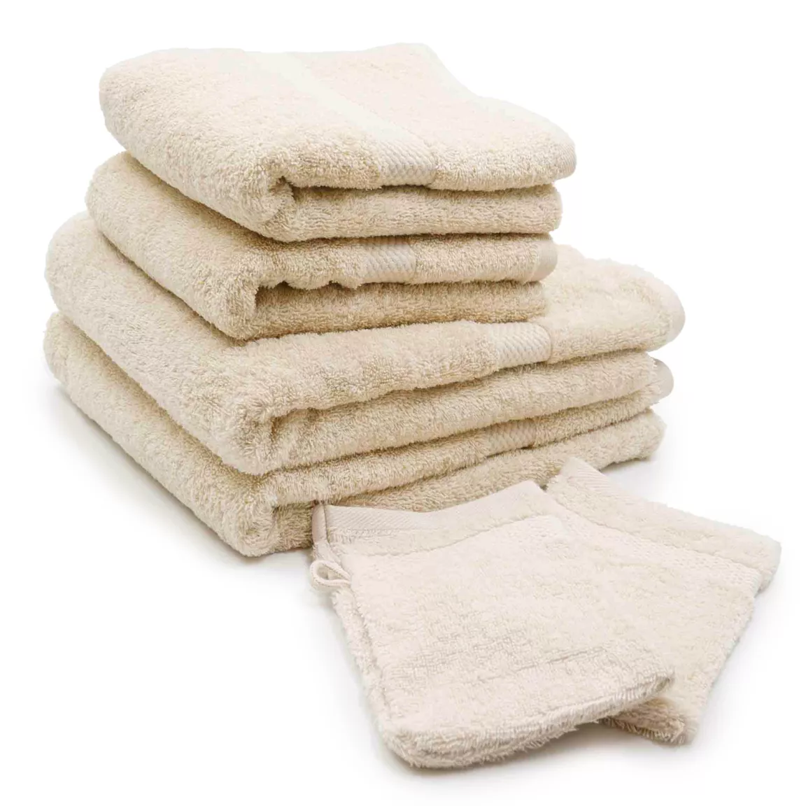 Lot de serviettes de bain 50x90 cm x2 + serviettes 70x130cm x2 + gants de toilette x2 Elegance Beige