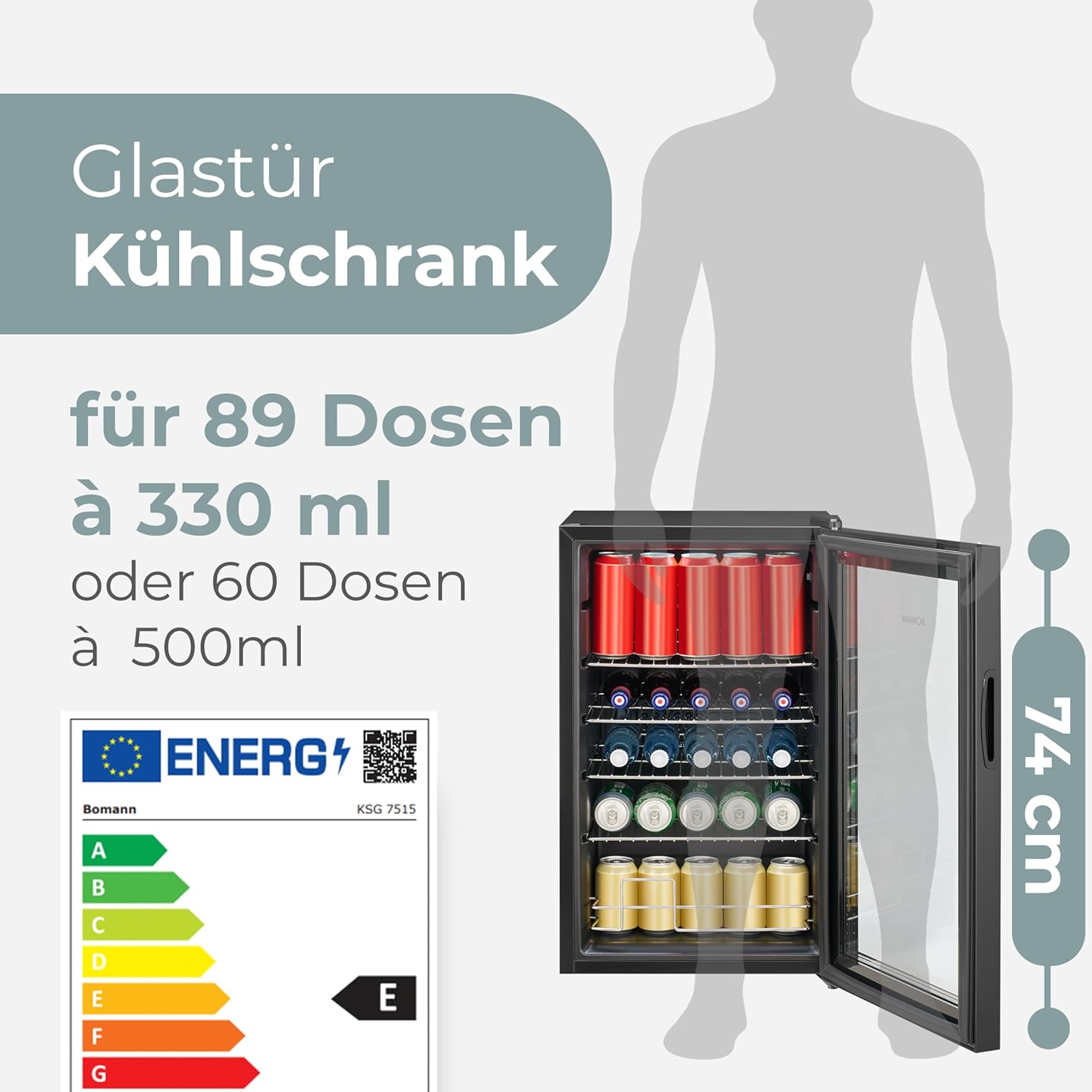 Bomann® Kühlschrank mit Glastür – Flaschenkühlschrank 63 L | Platz für bis zu 89 Dosen (0,33 l) | Getränkekühlschrank für Bier, Party & Büro | 74 cm | LED-Beleuchtung | leise | 4 Ablagen | KSG 7515