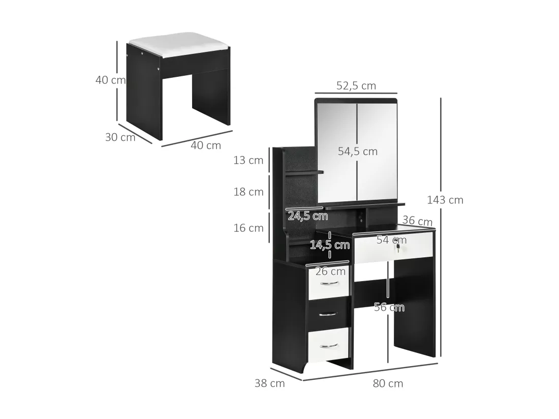 Ensemble coiffeuse tabouret design contemporain multi-rangement 4 tiroirs 4 étagères grand miroir noir blanc