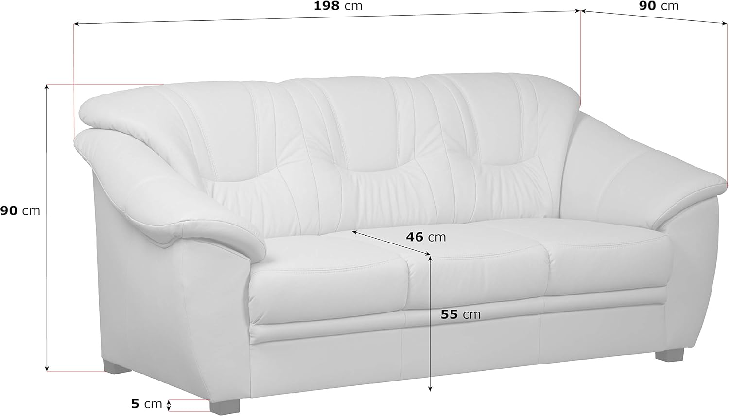 Cavadore 3-Sitzer Savana / 3er Ledersofa mit Federkern im klassischen Design / 198 x 90 x 90 / Echtleder Weiß