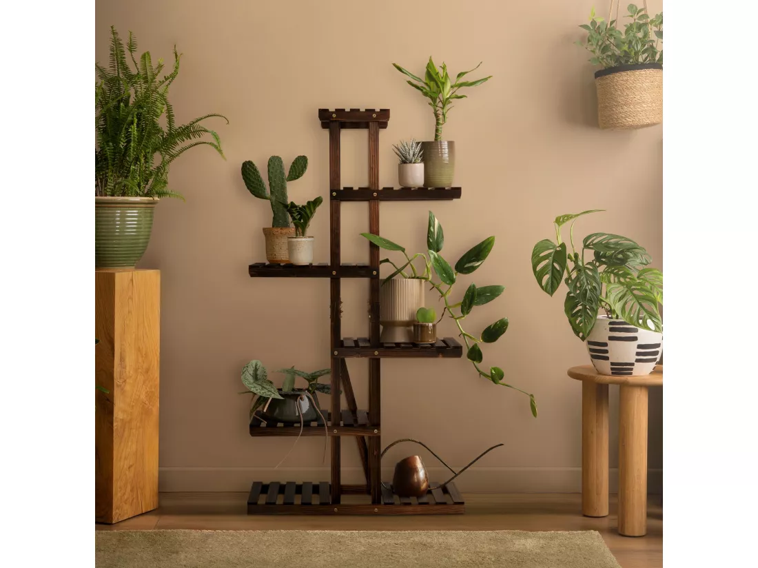 Étagère à fleurs bois marron carbonisé rangement 6 niveaux support de pot salon