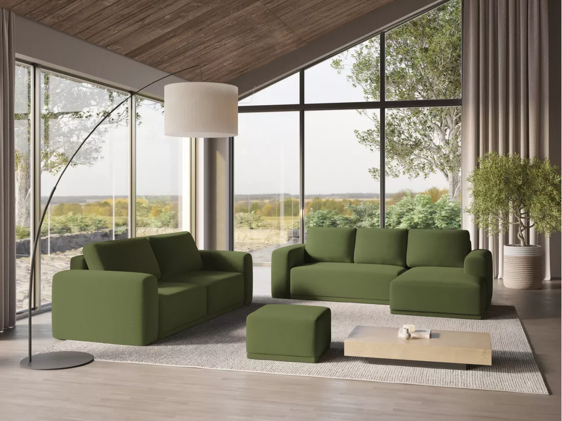 Canapé d'angle panoramique convertible en tissu chenille - bouteille verte - KAILA