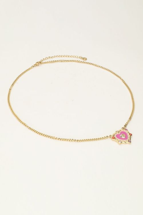 Ketting met paarse hartjes bedel met gekleurde steentjes
