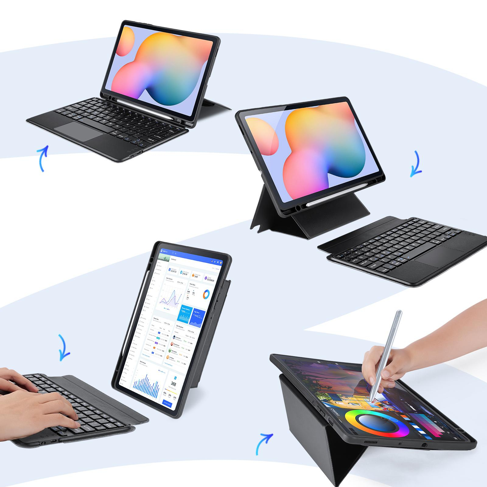 2in1 Samsung Galaxy Tab S6 Lite (2024/2022/2020) Leder Tasche Magnetische Bluetooth Tastatur   S-Pen Halterung (QWERTY) - Schwarz