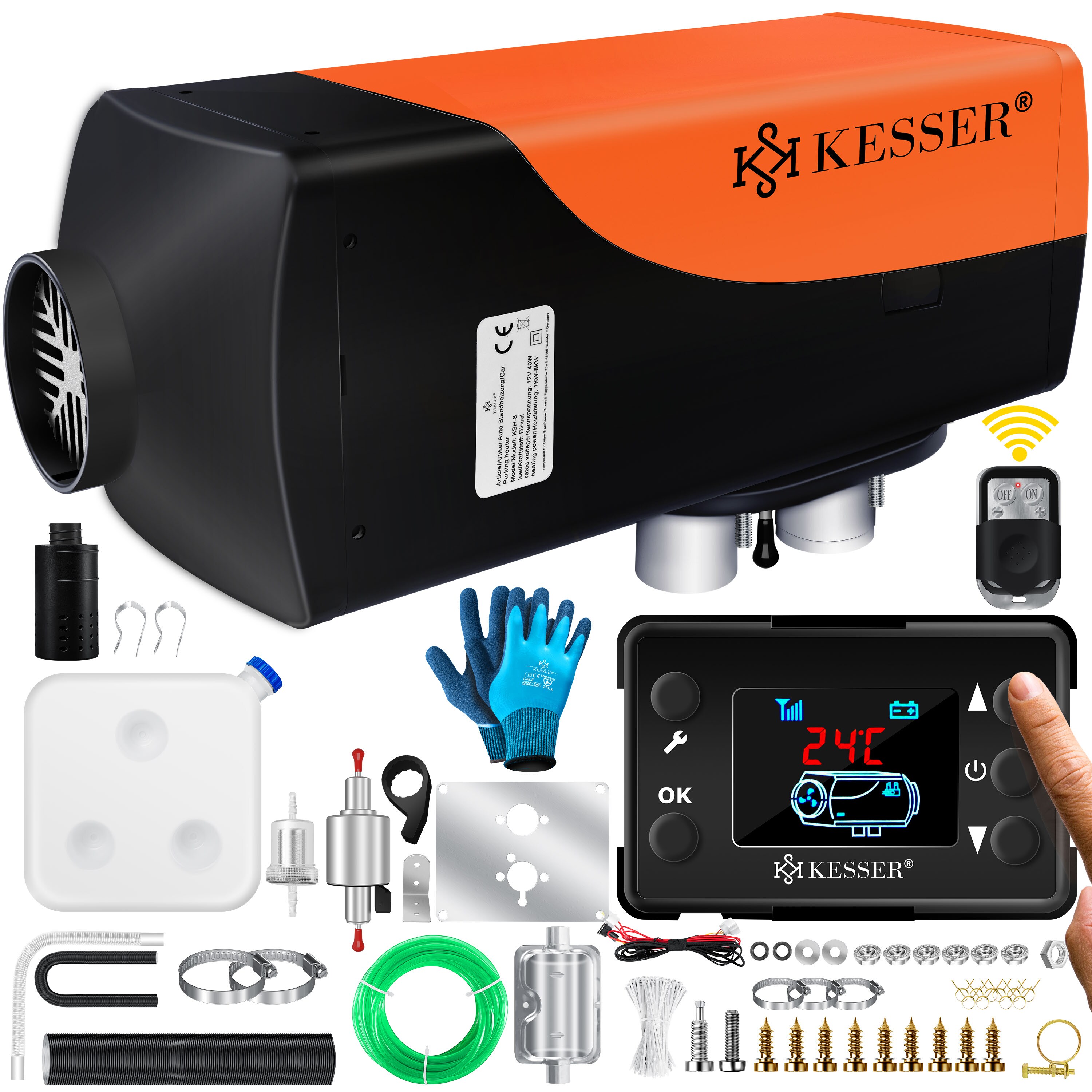 KESSER® Standheizung 5 & 8KW für Diesel | Diesel-Heizung mit LCD-Display und Fernbedienung | Lufterhitzer mit Schalldämpfer für Auto PKW LKW Wohnmobil | Heizung & Timer sowie Thermostat | 12V/24V KFZ