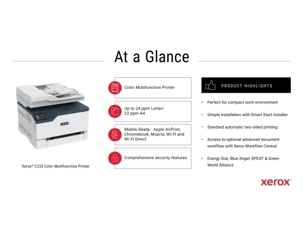 Xerox C235 - Multifunktionsprinter - farve - laser - Legal (216 x 356 mm) (original) - A4/Legal (medie) - op til 22 spm (udskriver) - 250 ark - 33.6 Kbps - USB 2.0, LAN, Wi-Fi(n), USB 2.0 vært - Green World Alliance returneringsprogram