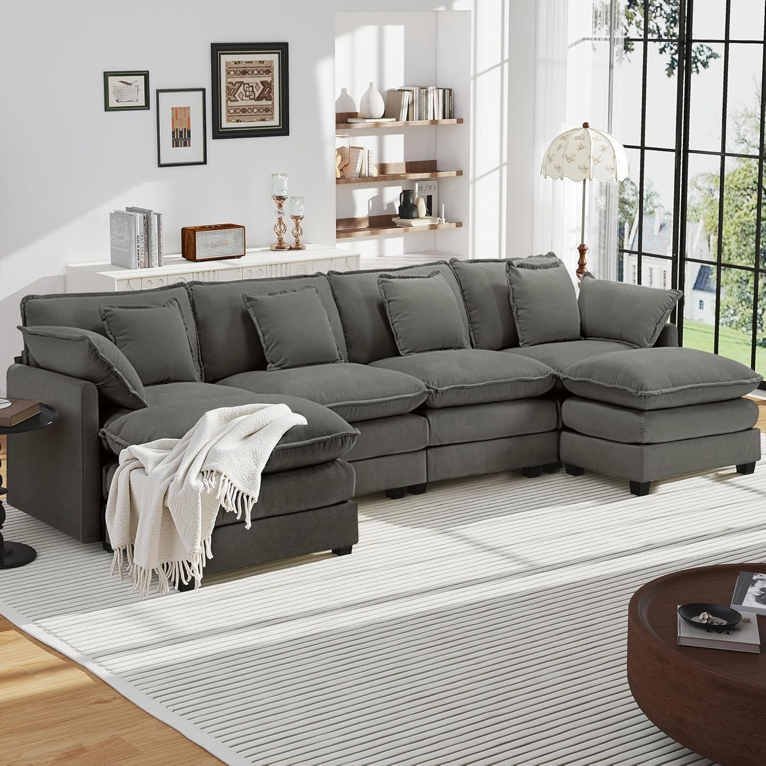 Sofa U Form, Bequeme Cloud Couch 6 Sitzer mit 2 Ottomane Sektionssofa, Atmungsaktivem Chenille-Stoff, Couch für Wohnzimmer Schlafzimmer, Dunkelgrau