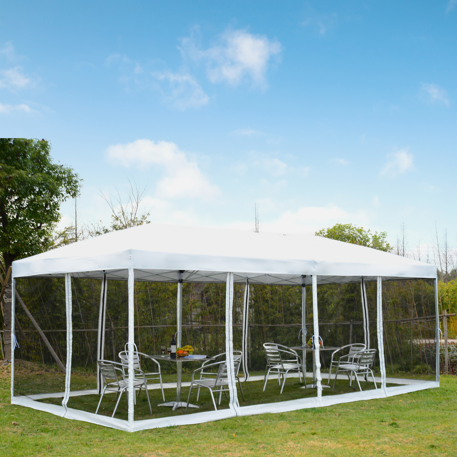 Gazebo dobrável Outsunny 6x3m para jardim com 6 cortinas mosquiteiras, zíper, bolsa de transporte, fácil montagem, estrutura de aço, tecido Oxford, branco.