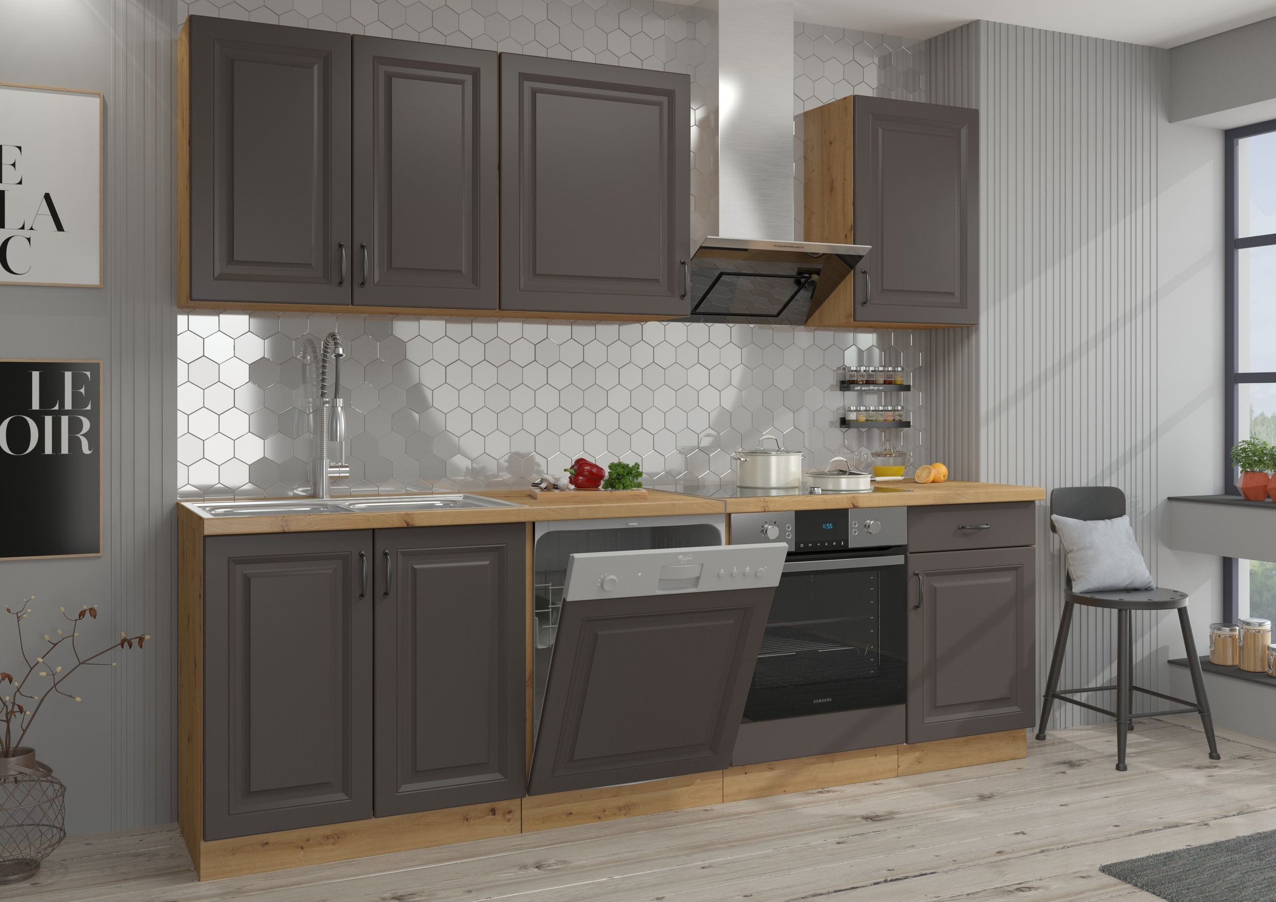 Küche Stilo Grau + Eiche Artisan 250 cm Küchenzeile Küchenblock Einbauküche