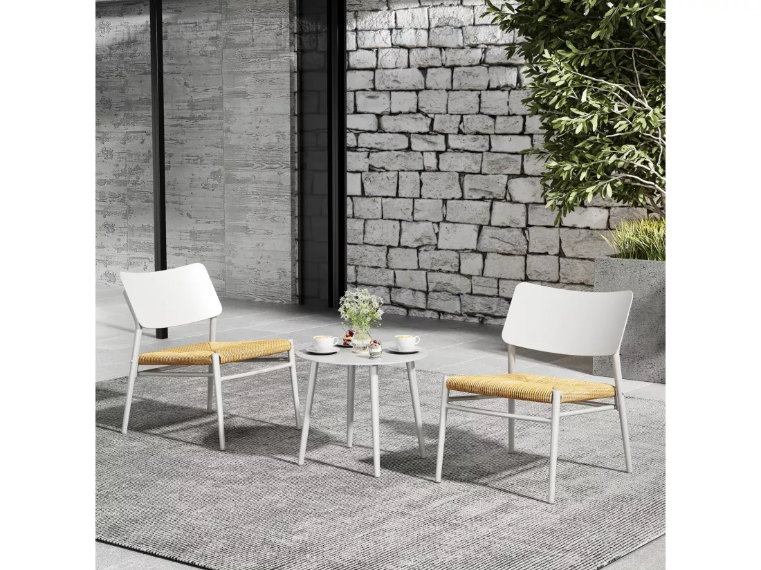 Salon de jardin en aluminium et rotin - table basse et 2 chaise ergonomie - charge max 150kg - Beige