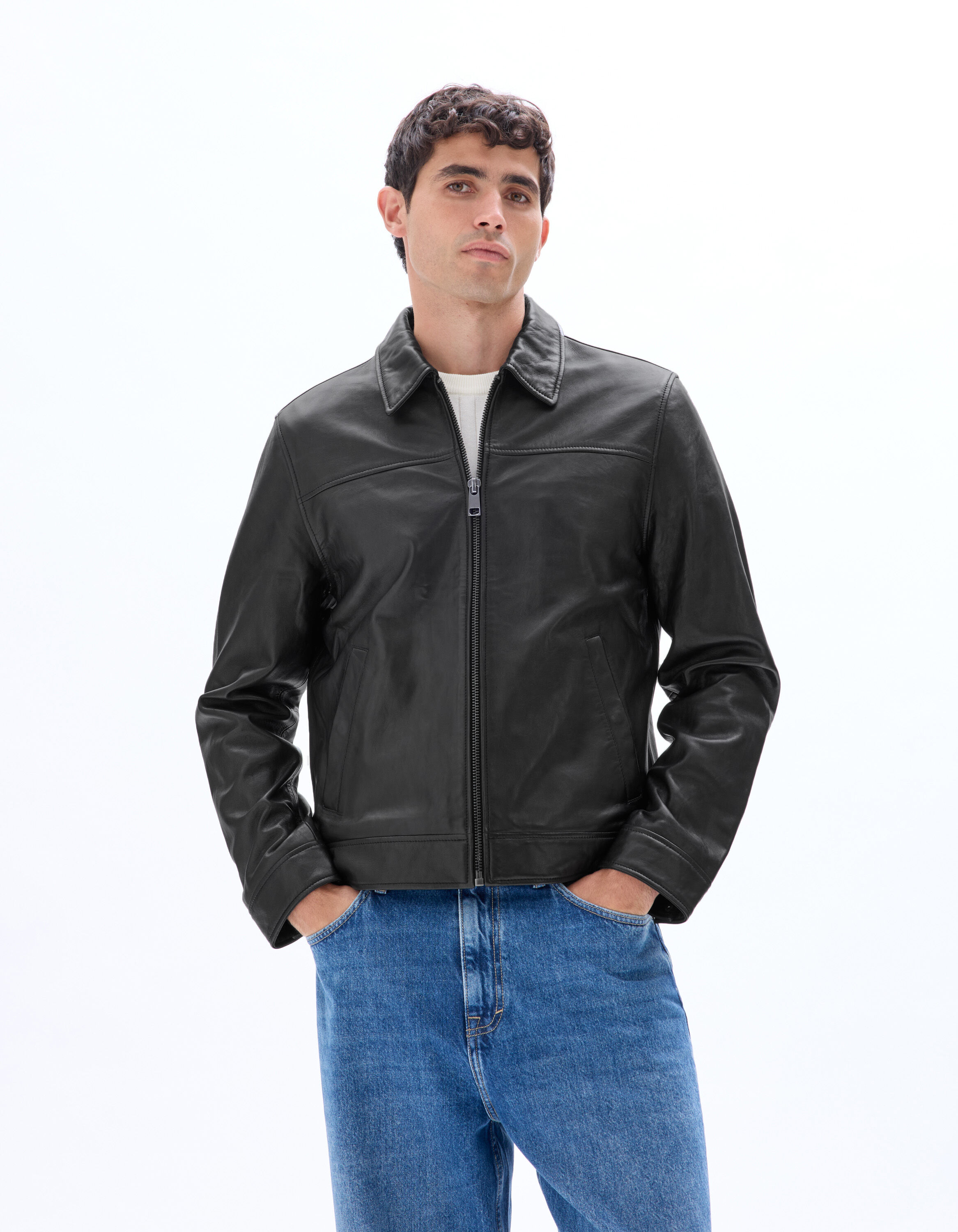 Blouson en cuir col chemise - noir