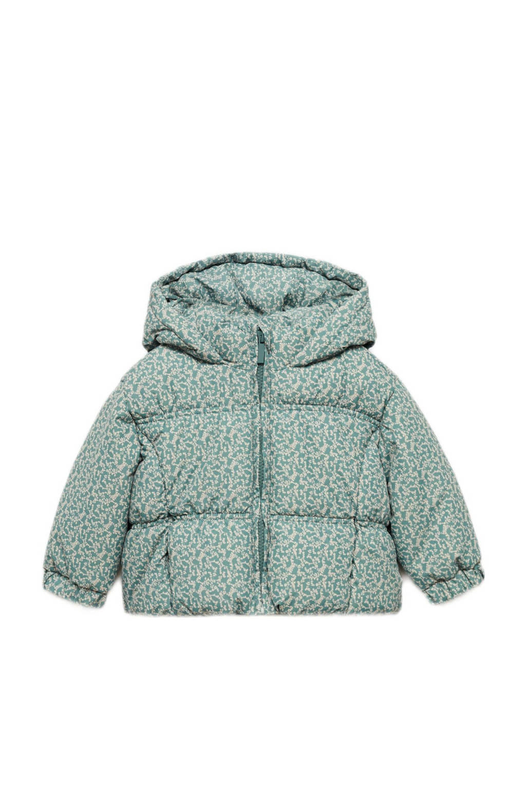 Mango Kids gebloemde gewatteerde winterjas groen/wit