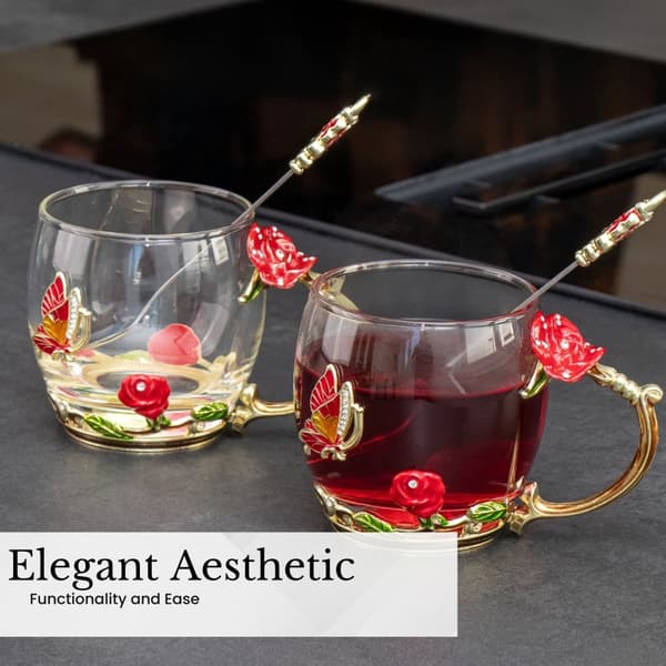 Sommerfugl Tekopp Blomsterkopp Kaffekopp 250 ml laget av varmebestandig glass Sett med skje i gull - rød - lilla - Perfekt gave til mors dag, bursdag,