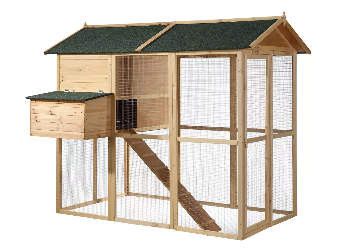 Poulailler en bois avec enclos - 8 poules - L. 201 x P.142 x H. 171 cm- Naturel - GALLUS