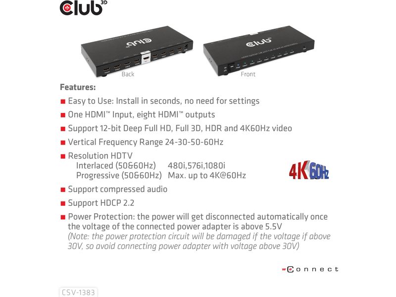 Club 3D 8-Port Signalsplitter CSV-1383 1 auf 8 HDMI-Verteiler