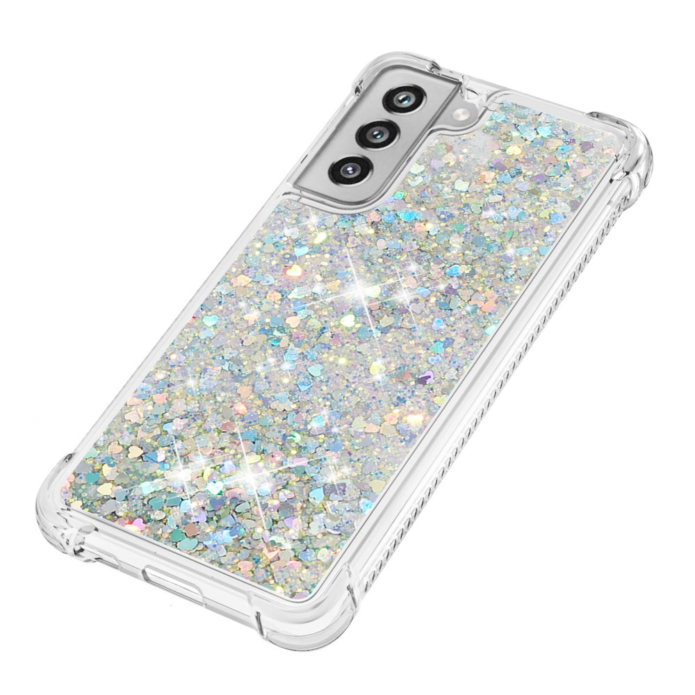 Samsung Galaxy S21 FE 5G Hardcase Hülle mit Air Cushion Fallschutz Liquid Case Glitzer Herzen - Silber / Transparent