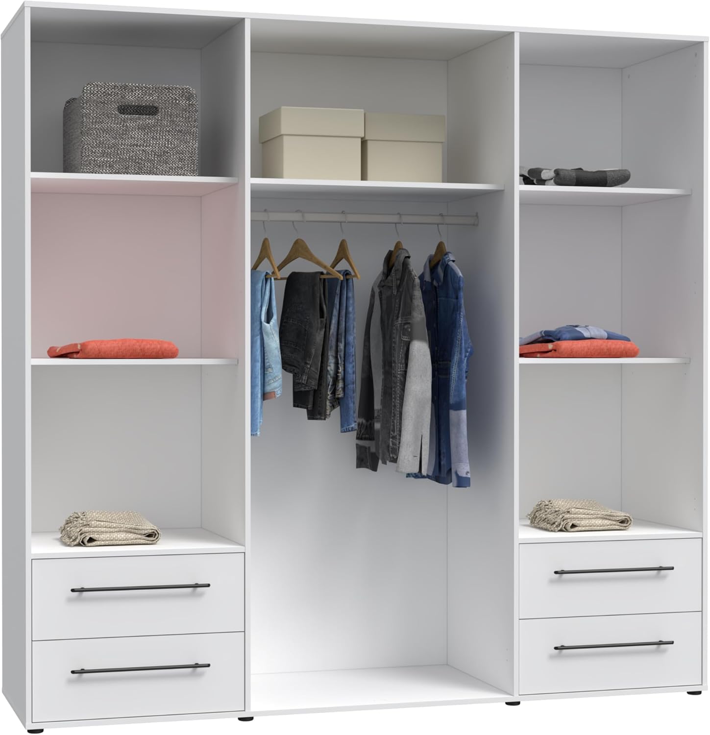 FORTE Jupiter Schrank 200 210, weißer Kleiderschrank, Drehtürenschrank, 3-türig, mit 2 Schubladen und Einlegeböden, Weiß, 206 cm breit x 59 cm tief x 200 cm hoch