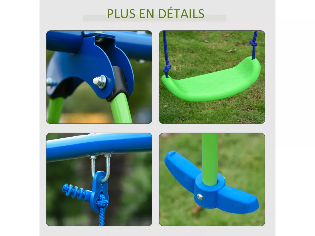 Balançoire 3 agrès portique avec 2 balançoires et face à face dim. 2,8L x 1,4l x 1,78H m métal époxy anticorrosion PE vert bleu