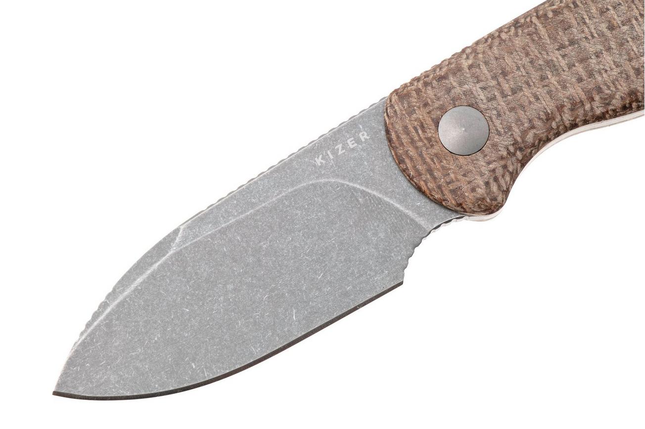 Kizer Drop Bear 1094A1 Gray Stonewash 14C28N, Burlap Micarta, vaststaand mes