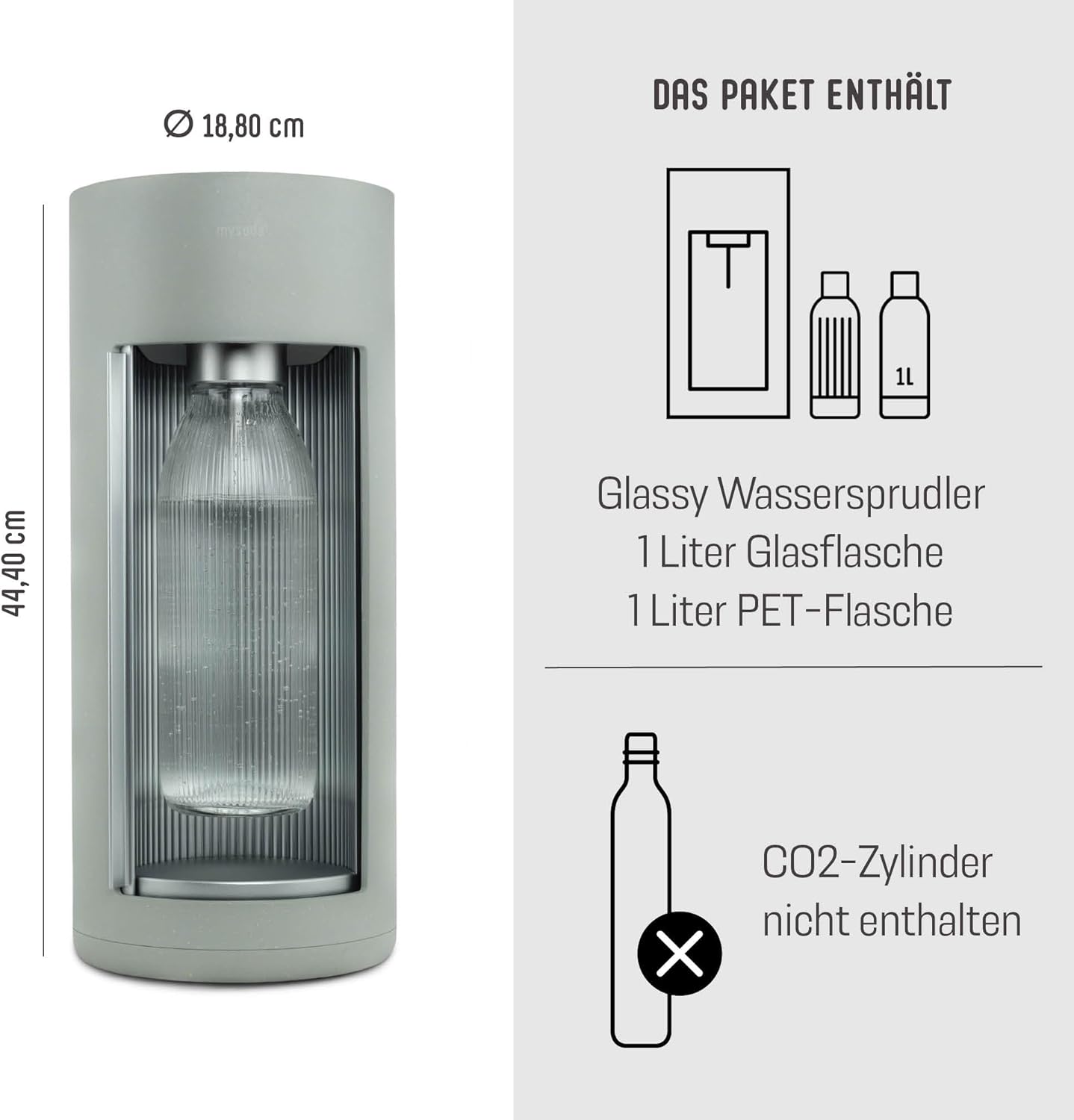 Mysoda: Stilvoller Glassy Wassersprudler aus Holzkomposit und Aluminium (ohne CO2-Zylinder) mit 1-Liter-Glasflasche & BPA-freier 1-Liter-Plastikflasche - Salbeigrün (Pigeon)