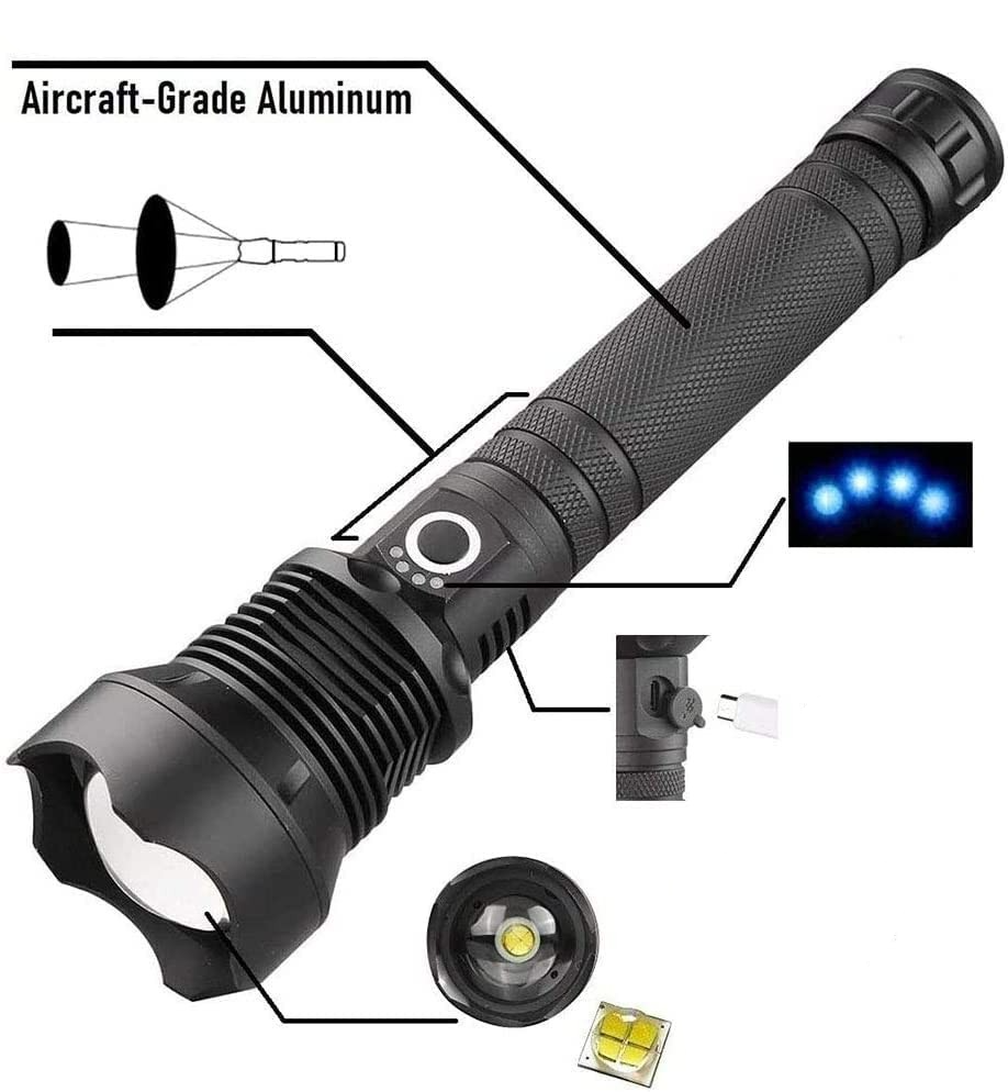 500LM LED Aluminium USB Taschenlampe mit 3 Leuchtmodi   Handschlaufe IPX-6 - Schwarz