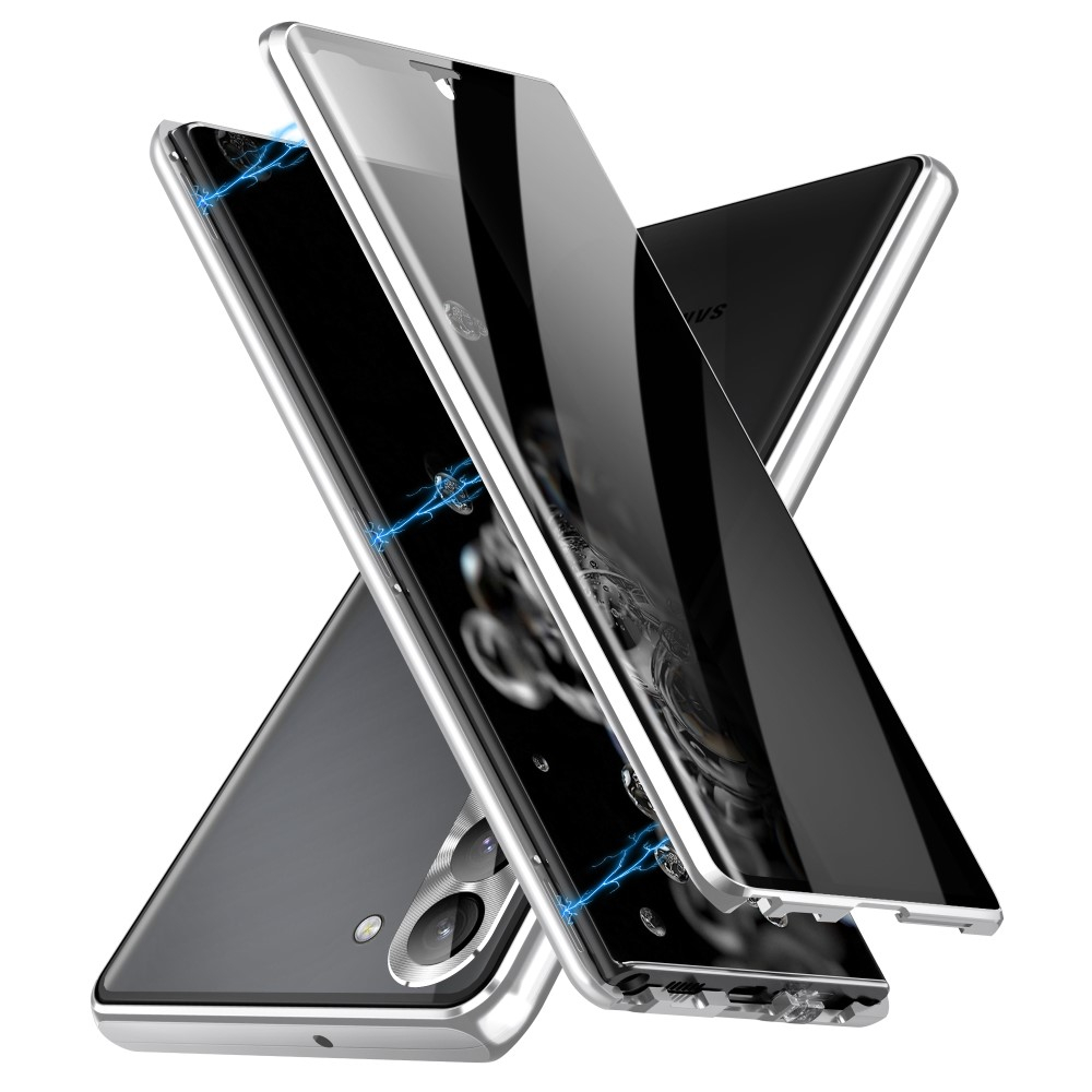 Samsung Galaxy S24 Magnetische Alu Schutzhülle mit Panzer Glas Backcover   Privacy Display- / Kameraglasschutz (Verschlussmechanismus) - Silber