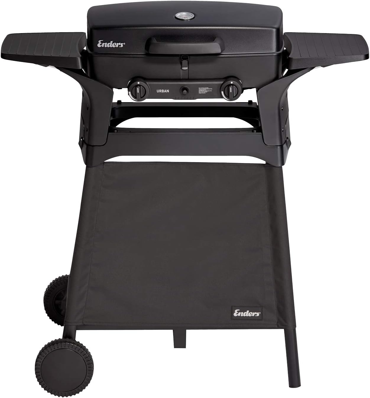 Enders Gasgrill URBAN Trolley - Bundle mit extra Fleischthermometer - 2 Edelstahl-Brenner stufenlos, Mobiler Kompaktgrill, Fahrbares Untergestell, Seitenablagen, Schwarz