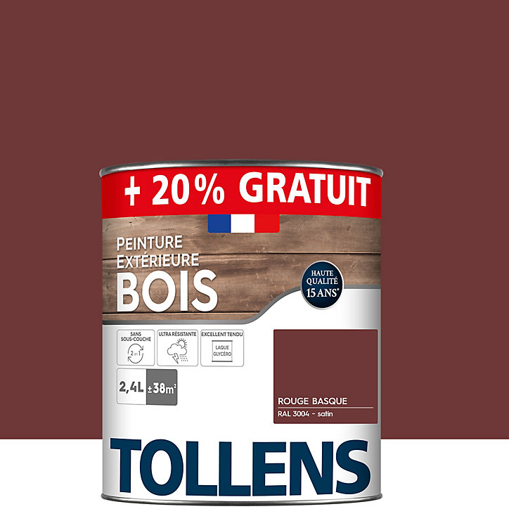 Peinture extérieure bois Tollens satin rouge basque 2L + 20% gratuit