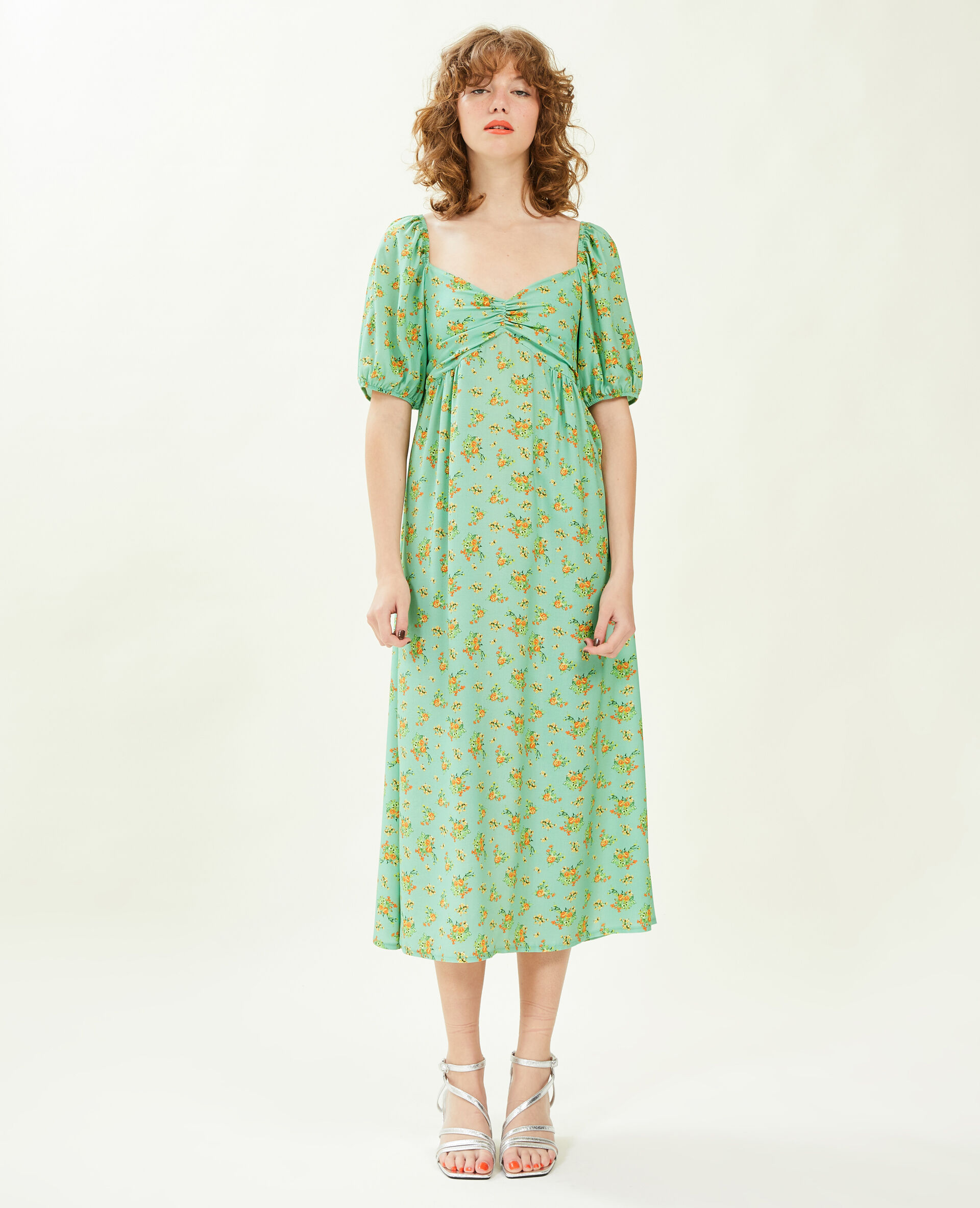 Robe midi manches ballons motifs fleurs - Orange