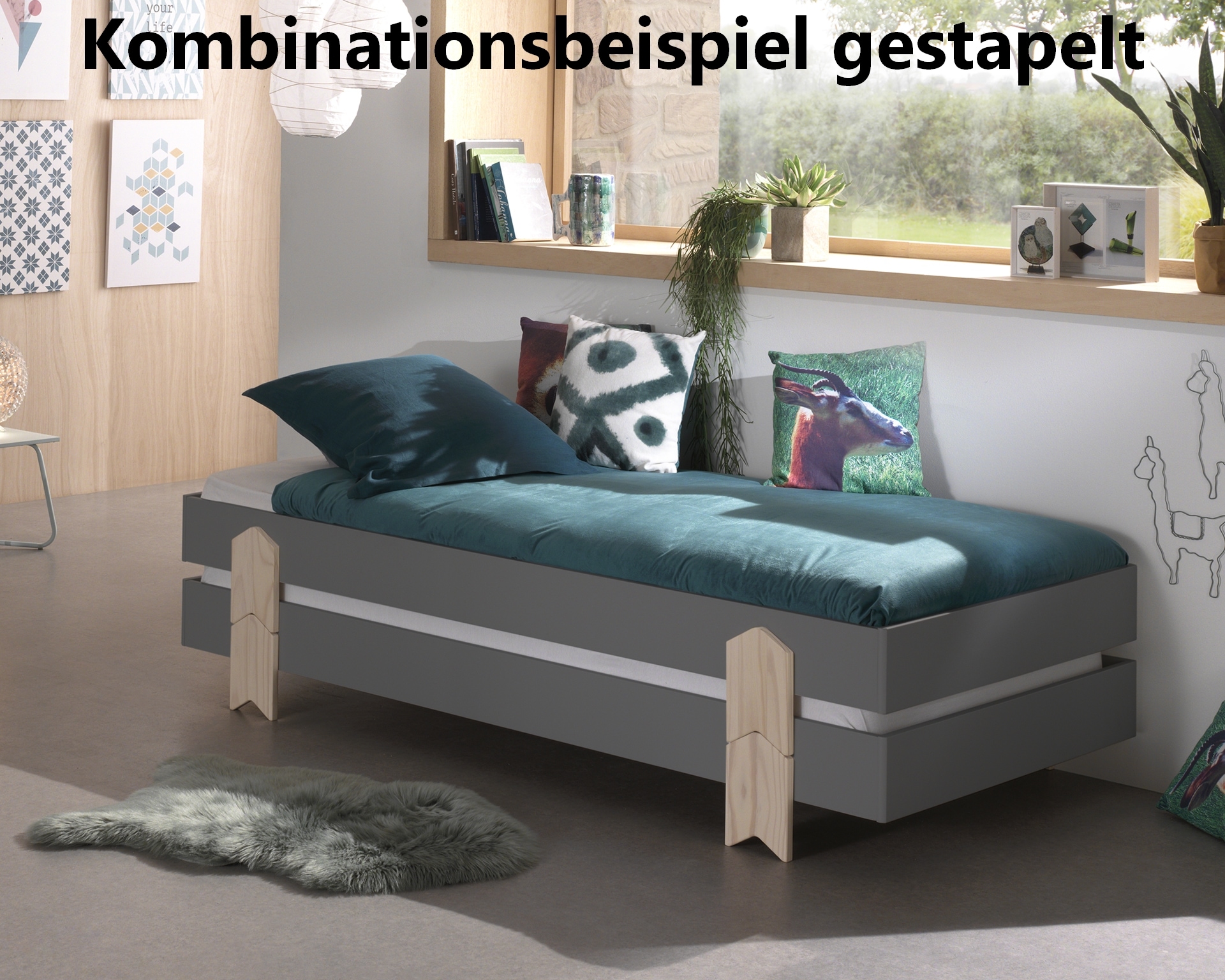 Modulo Einzelbett/Stapelbett 90 x 200 cm Liegefläche, grau lackiert, versch. Ausführungen